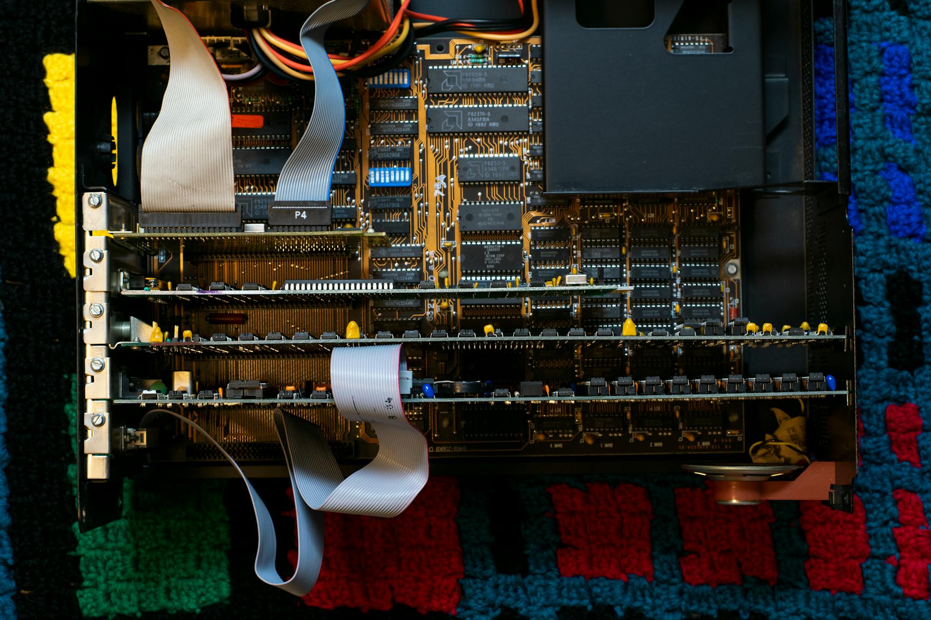 vintage circuit board with ribbon cables